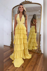 A-Line Lilac Prom Dress Tiered Halter Long Formal Dress With Slit