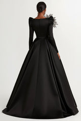 A-Line Long Black Wedding Guest Dress Satin Boat Neck Formal Dress With Long Sleeves