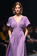 A Line Long Purple Wedding Guest Dress V-Neck Wedding Guest Dress With Short Sleeves