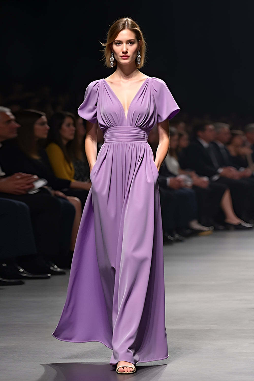 Suzhoufashion A Line Long Purple Wedding Guest Dress V-Neck Wedding Guest  Dress With Short Sleeves – suzhoufashion