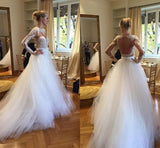 A-Line Long Sleeve Open Back Wedding Dress Gorgeous Lace Applique Tulle Bridal Gowns