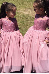 A-Line Long Sleeve Pink Flower Girl Dressb Cute Long Sleeve Wedding Dress BO8435