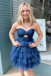 A-Line Navy Homecoming Dresses Strapless Tiered Short Cocktail Dresses