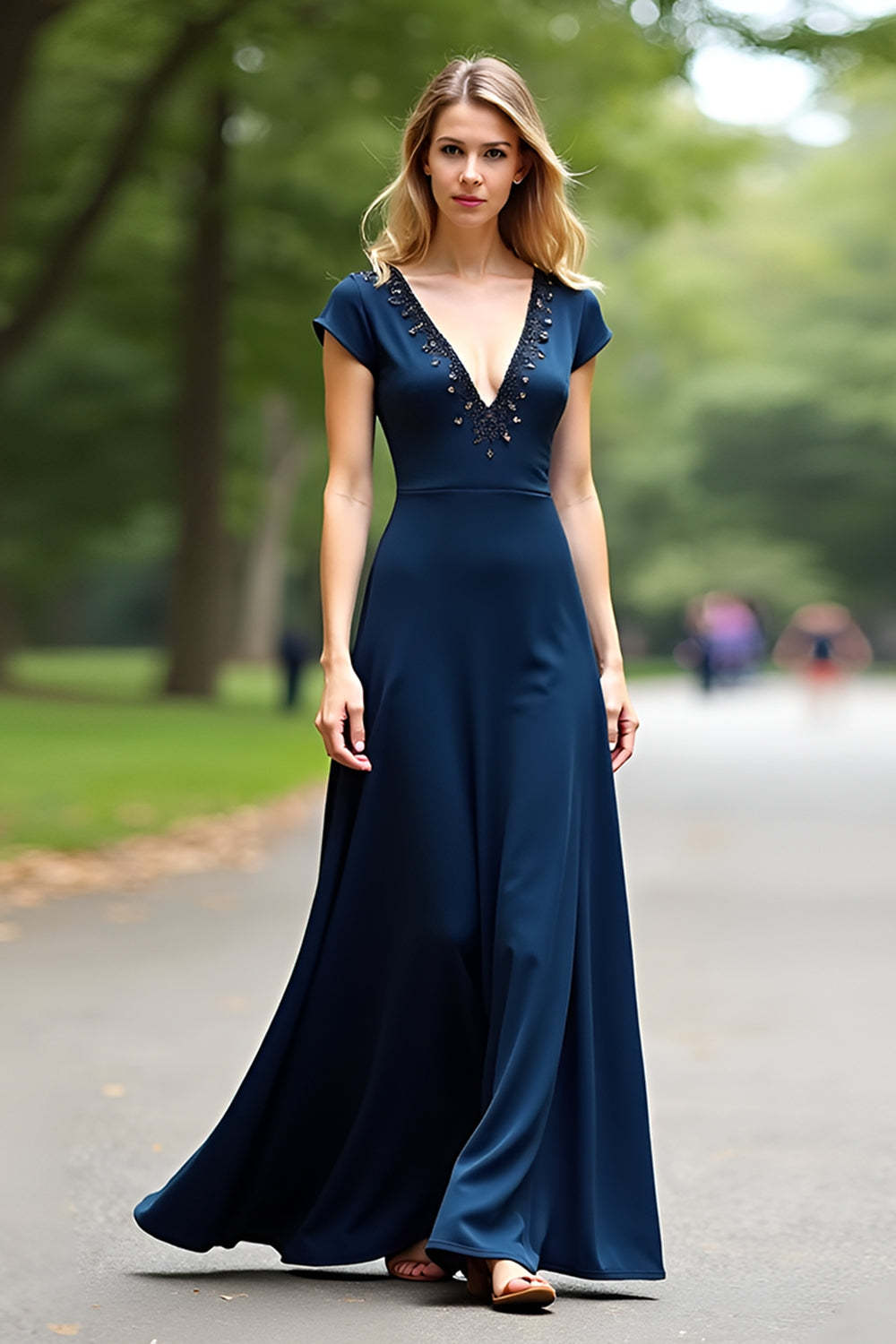 Suzhoufashion A Line Navy Wedding Guest Dress V-Neck Long Formal Dress with Cap Sleeves Suzhoufashion A Line Navy Wedding Guest Dress V-Neck Long Formal Dress with Cap Sleeves