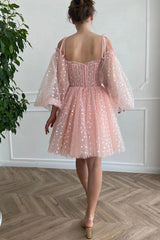 A Line Off the Shoulder Blush Homecoming Dresses Short Cocktail Dresses with Long Sleeves