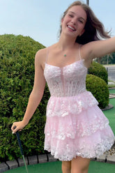 A Line Pink Homecoming Dresses Corset Short Cocktail Dresses with Lace-Up Back