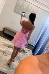 A-Line Pink Homecoming Dresses Corset Tiered Tulle Short Cocktail Dresses