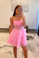 A-Line Pink Homecoming Dresses Corset Tiered Tulle Short Cocktail Dresses