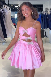 A Line Pink Homecoming Dresses Spaghetti Straps Tiered Short Cocktail Dresses with Bow