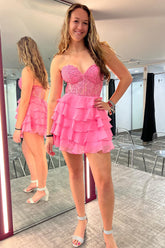 A Line Pink Homecoming Dresses Strapless Corset Short Cocktail Dresses with Ruffles