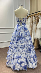 White Blue Prom Dress Flower Tiered Sweetheart Corset Long Formal Dress