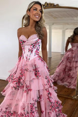 A Line Prom Dress Pink Sweetheart Corset Floral Tiered Long Formal Evening Dress