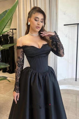 A Line Prom Dress Satin Long Sleeve Black Formal Dress With Appliques