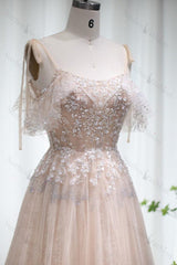 A Line Prom Dress Spaghetti Straps Evening Formal Dress Tulle With Diamond Appliques