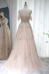 A Line Prom Dress Spaghetti Straps Evening Formal Dress Tulle With Diamond Appliques