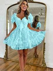 A-Line Puff Sleeves Short Tulle Homecoming Dress With Bowknot