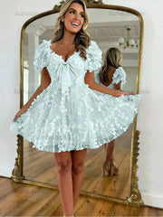 A-Line Puff Sleeves Short Tulle Homecoming Dress With Bowknot