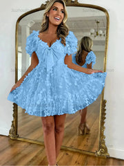 A-Line Puff Sleeves Short Tulle Homecoming Dress With Bowknot