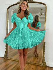 A-Line Puff Sleeves Short Tulle Homecoming Dress With Bowknot