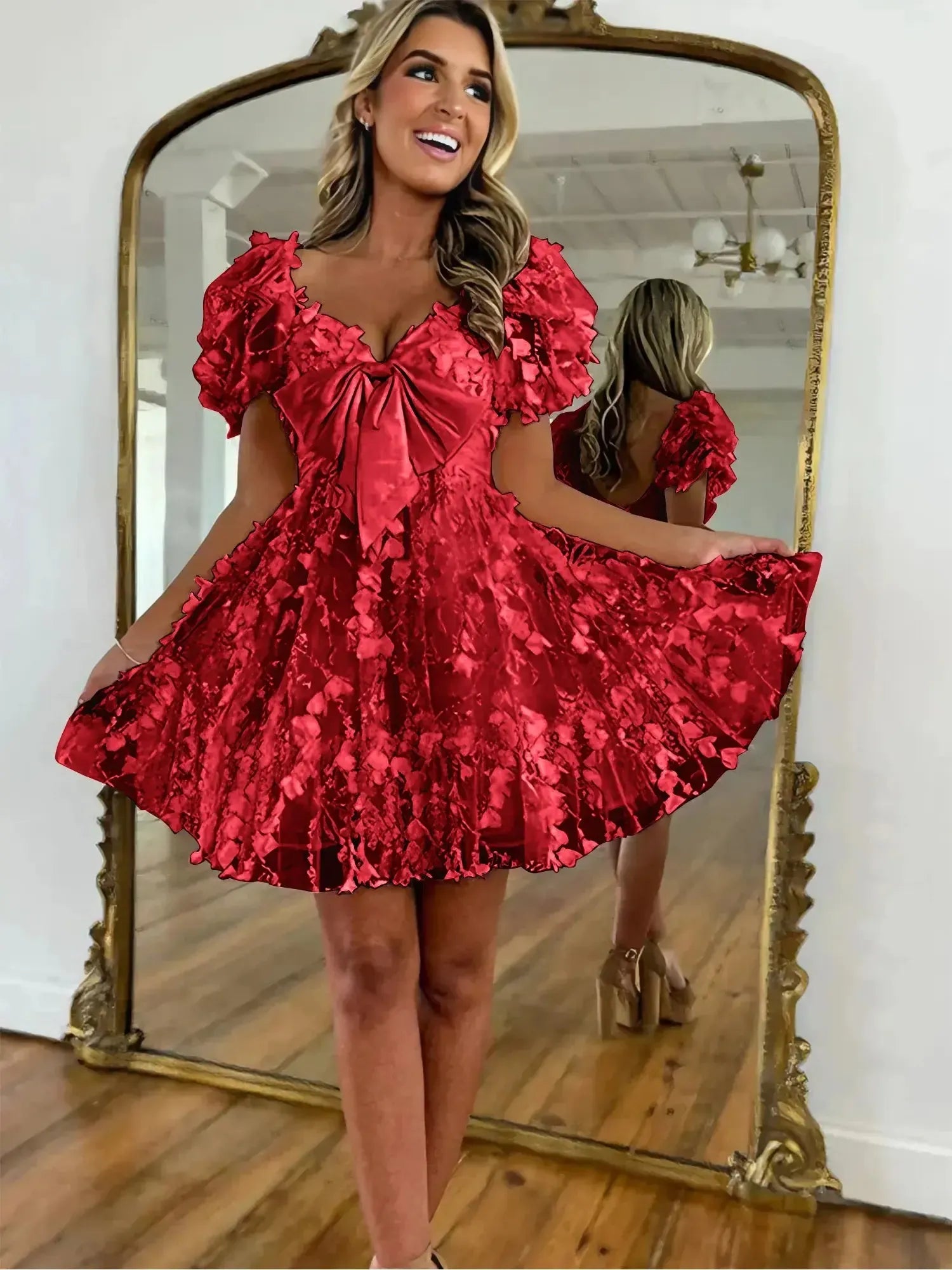 A-Line Puff Sleeves Short Tulle Homecoming Dress With Bowknot