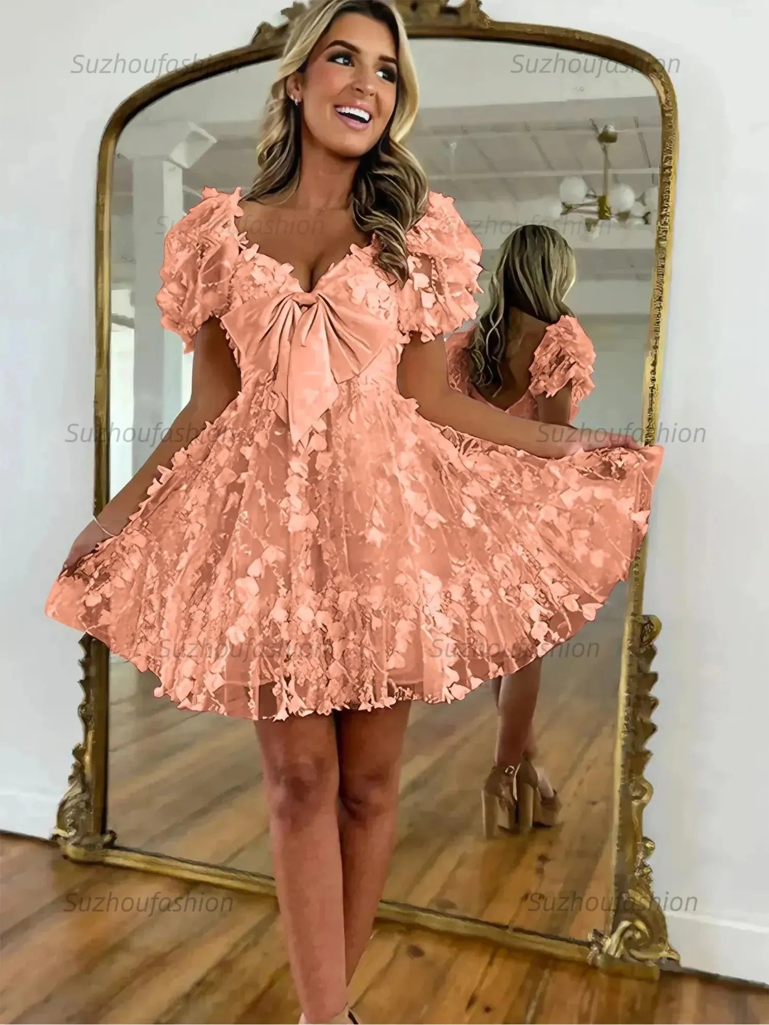 A-Line Puff Sleeves Short Tulle Homecoming Dress With Bowknot