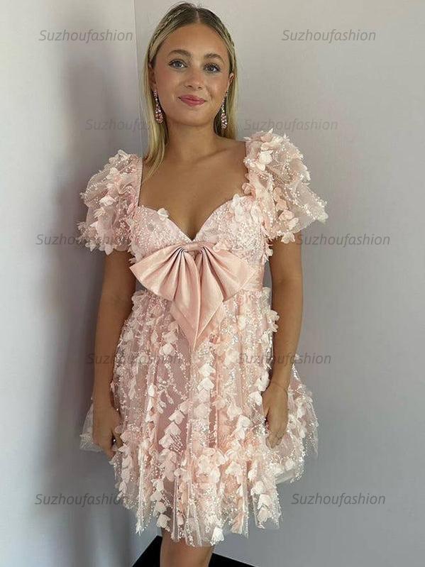 A-Line Puff Sleeves Short Tulle Homecoming Dress With Bowknot