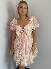 A-Line Puff Sleeves Short Tulle Homecoming Dress With Bowknot