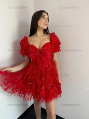 A-Line Puff Sleeves Short Tulle Homecoming Dress With Bowknot