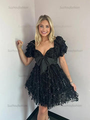 A-Line Puff Sleeves Short Tulle Homecoming Dress With Bowknot