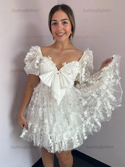 A-Line Puff Sleeves Short Tulle Homecoming Dress With Bowknot
