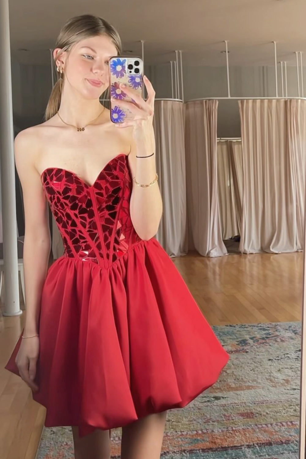 A-Line Red Homecoming Dresses Strapless Mirror Pleated Short Cocktail Dresses