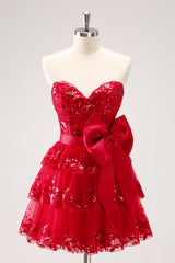 A Line Red Homecoming Dresses Strapless Short Cocktail Dresses with Bow