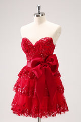 A Line Red Homecoming Dresses Strapless Short Cocktail Dresses with Bow