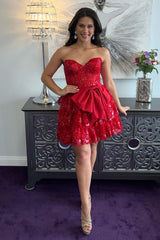 A Line Red Homecoming Dresses Strapless Short Cocktail Dresses with Bow