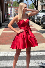A-Line Red Homecoming Dresses Sweetheart Satin Short Cocktail Dresses with Bow