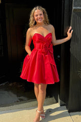 A-Line Red Homecoming Dresses Sweetheart Satin Short Cocktail Dresses with Bow