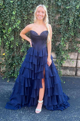 A Line Red Prom Dress Sweetheart Ruffled Long Formal Dress With Slit