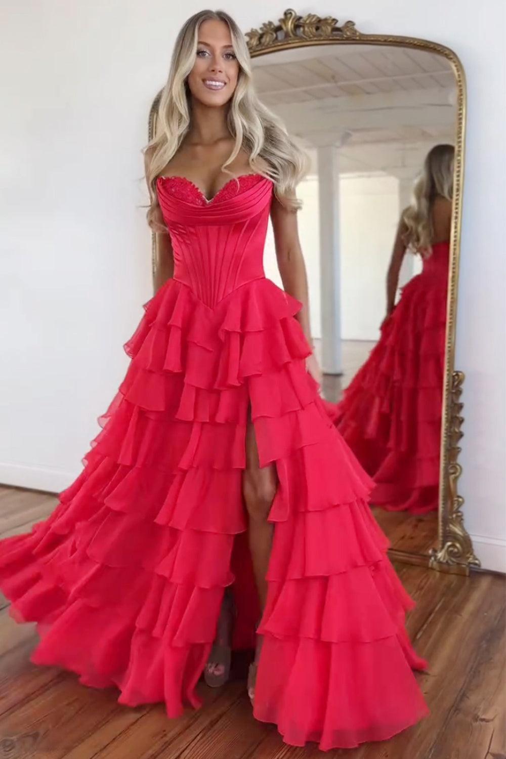 strapless open back dress Suzhoufashion A Line Red Prom Dress Sweetheart Ruffled Long Formal Dress  With Slit – suzhoufashion