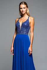 A Line Royal Blue Wedding Guest Dress Long Chiffon Formal Dress With Beading