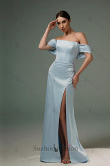 A Line Satin Off The Shoulder Sleeveless Formal Dress With Slit