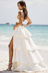 A Line Satin White 2 Piece Ruffled Long Graduation Dress With Slit
