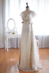 A-Line Short Sleeve Empire Beach Bridal Dress Open Back Lace Floor Length Beach Wedding Dresses