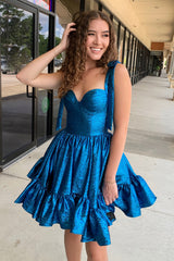 A Line Spaghetti Straps Blue Homecoming Dresses Tiered Short Cocktail Dresses with Bows