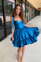 A Line Spaghetti Straps Blue Homecoming Dresses Tiered Short Cocktail Dresses with Bows