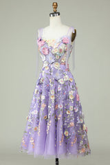 A Line Spaghetti Straps Purple Homecoming Dresses Tea Length Prom Dress with 3D Flowers