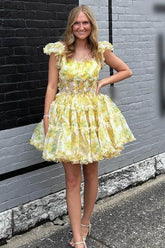 Suzhoufashion A-Line Square Neck Floral Print Tulle Short Homecoming Dress