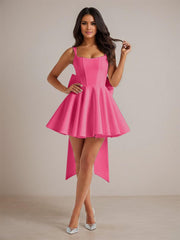 A-Line Square Neck Pleated Homecoming Dresses Mini Cocktail Dress with Bow