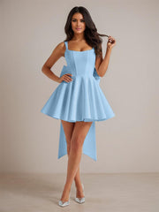 A-Line Square Neck Pleated Homecoming Dresses Mini Cocktail Dress with Bow