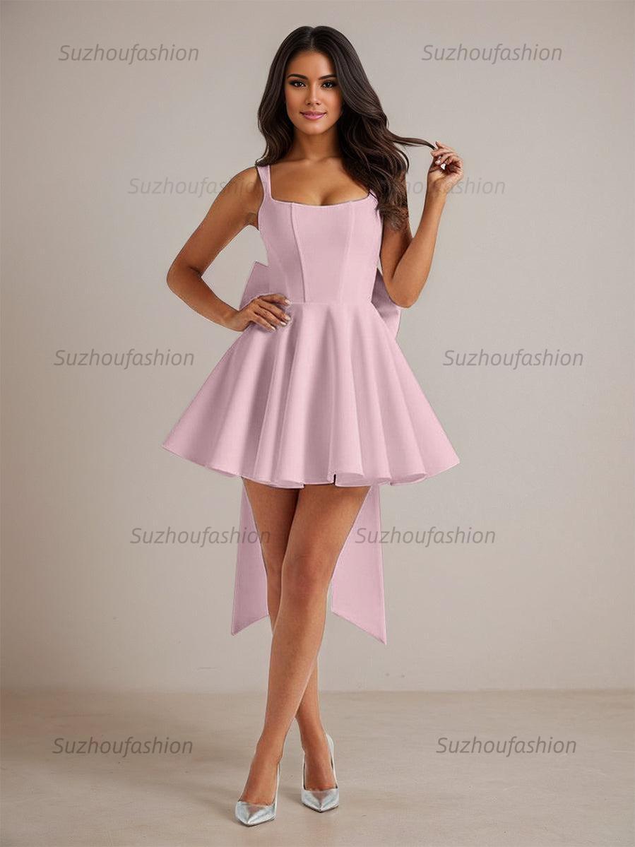 A-Line Square Neck Pleated Homecoming Dresses Mini Cocktail Dress with Bow