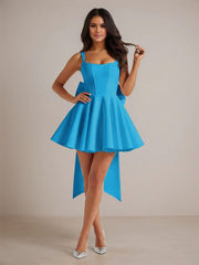 A-Line Square Neck Pleated Homecoming Dresses Mini Cocktail Dress with Bow